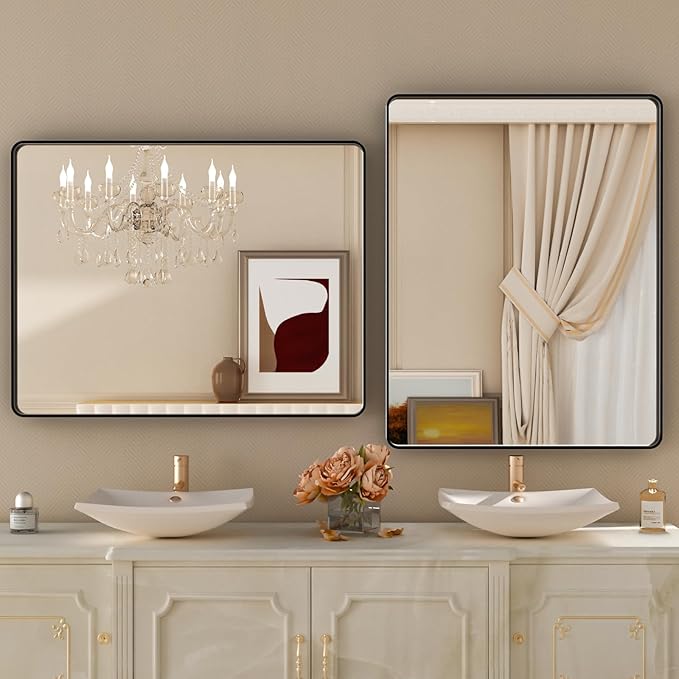 Black Metal Framed Bathroom Mirror for Wall,32X36 Rounded Rectangle Mirror, Matte Black Bathroom Vanity Mirror Farmhouse, Anti-Rust, Tempered Glass, Hangs Horizontally or Vertically