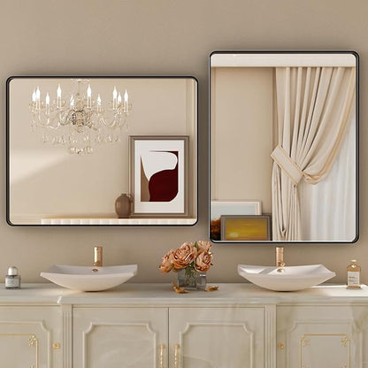 Black Metal Framed Bathroom Mirror for Wall,32X36 Rounded Rectangle Mirror, Matte Black Bathroom Vanity Mirror Farmhouse, Anti-Rust, Tempered Glass, Hangs Horizontally or Vertically