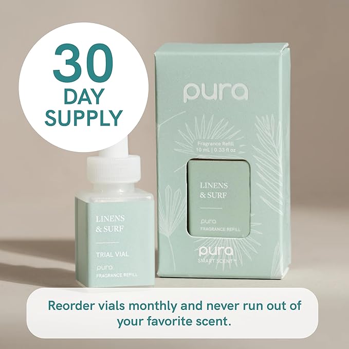 Pura Smart Home Air Diffuser Fragrance - Smart Scent Refill - Up to 120-Hours of Premium Fragrance per Refill for Home, Office & Apartment - 4 Pack, Linens & Surf