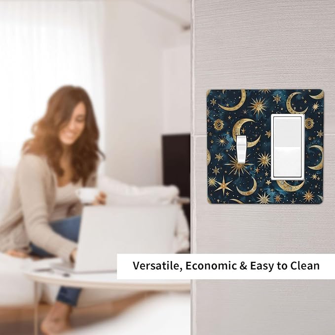 Outlet Covers Modern Abstract Sky Blue Gold Moon Sun Star 1 Toggle 1 Rocker Combination Decorative Wall Plate Electrical Switch Plates Light Switch Cover Plate for Bedroom Kids room Decor