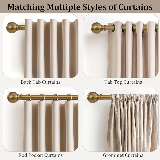 2 Pack Warm Gold Curtain Rods for Windows 48 to 84 Inch 1" Diameter Adjustable Heavy Duty Brass Window Curtain Rod with Metal Finials for Living Room Bedroom Farmhouse Kitchen Outdoor