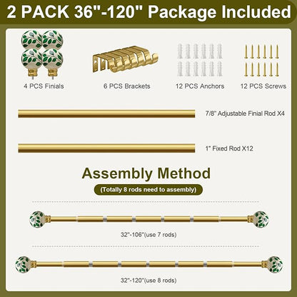 Ceramic Gold Curtain Rods Set of 2 for Windows 66 to 120 Inches Adjustable Length Duty 1" Diameter Window Curtain Rod with Modern Green Leaf Pattern Decorative Finials for Bedroom Living Room Kitchen