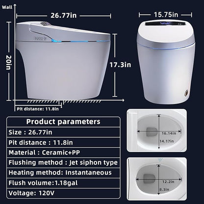Smart Toilet with Built-in Bidet, Tankless Toilets for Bathroom, Instant Warm Water Sprayer and Dryer, Heated Seat toilet with LED Display