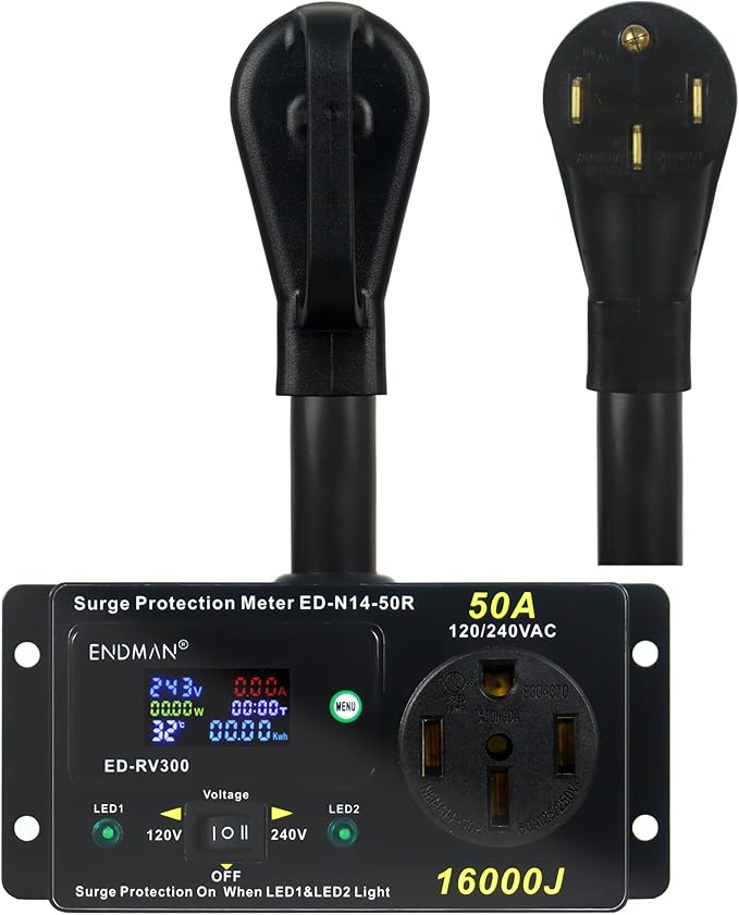 RV 50 Amp Surge Protector AC Power Meter,16000Joules 240V NEMA 14-50P LCD Dispaly KWH,Voltage Monitor with LED Display,10AWG Cable