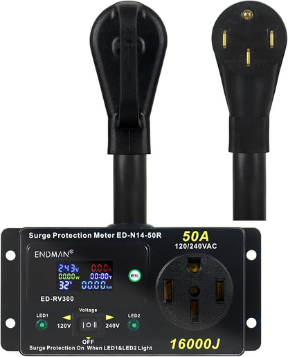 RV 50 Amp Surge Protector AC Power Meter,16000Joules 240V NEMA 14-50P LCD Dispaly KWH,Voltage Monitor with LED Display,10AWG Cable
