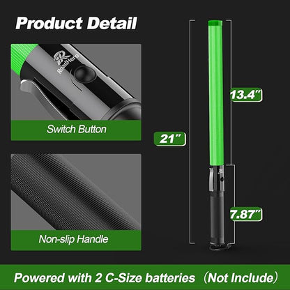 RoadHero 2 Pack 21 Inch Traffic Wands, Green Led Traffic Control Baton, Night Safety Light Wand with 2 Flashing Modes, Air Marshaling Signal Wand with Side Clip for Airport, Parking, Car Directing
