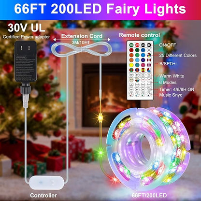 200 LED Smart String Lights, 66FT Twinkle Lights Plug in with Remote & App Control, Warm White + RGB Music Sync Timer Indoor String Lights, for Bedroom Classroom Holiday Decor