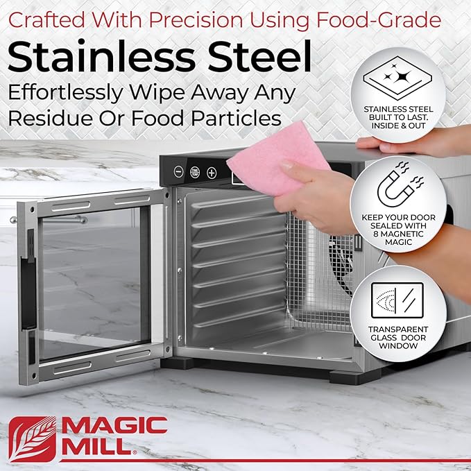 Magic Mill Pro Food Dehydrator Machine | 7 Stainless Steel Trays | Dryer for Jerky, Dog Treats, Herb, Meat, Beef, Fruit | Keep Warm Function, Digital Timer and Temperature Control, ETL Approved