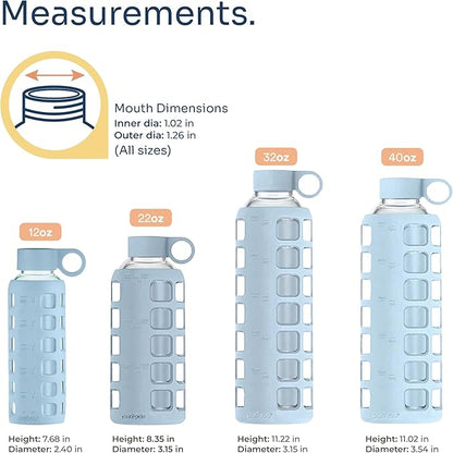 purifyou 40oz / 32oz / 22oz / 12oz Borosilicate Glass Water Bottle with Time & Volume Markers, Silicone Sleeve, Stainless Steel Lid | Reusable Glass Bottle for Water & Juice (32oz Ice Blue)