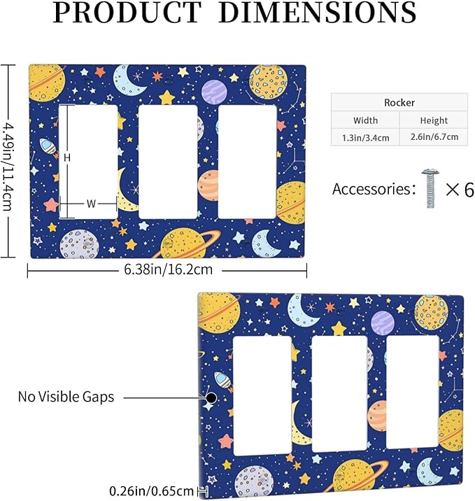 Stars Starry Night Sun Moon Planet Constellations Light Switch Covers 3 Gang Rocker Decorative Triple Outlet Wall Plate Cover Electrical GFCI Switchplate for Bedroom Bathroom Decor