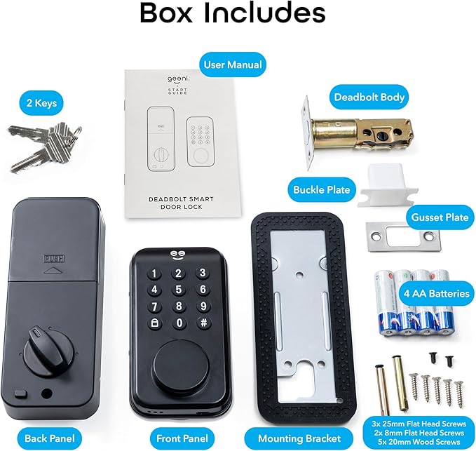 Geeni Keyless Entry Door Lock with Keypad, Smart Locks for Front Door, Electronic Keypad Smart Deadbolt Lock, Auto Lock, 2 Keys, Voice, and App Control - Battery Powered, Share Access, Alerts