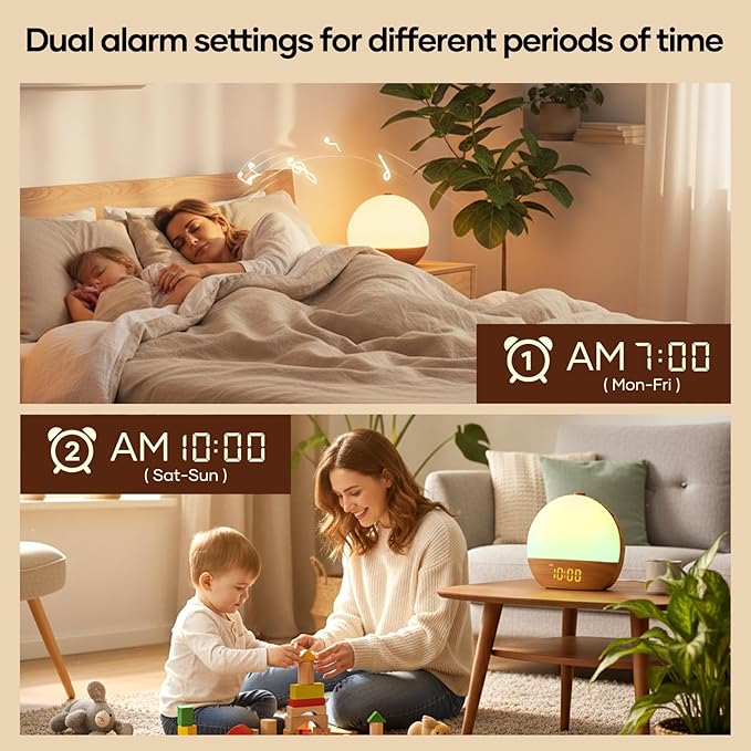 Stillstorm Sunrise Alarm Clock, Sound Machine, Wood Grain Dimmable Night Light for Heavy Sleepers, White Noise Machine for Baby, Dual Alarm Function 30 Sleep Sounds, Wake Up Light with 17 Effects