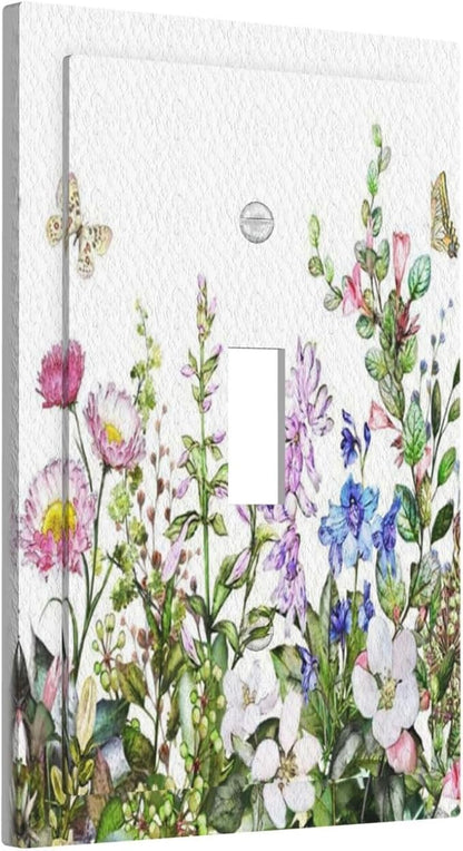 Boho Colorful Wildflowers Butterfly Green Plant Leaf 1 Gang Light Switch Covers Single Toggle Wall Plate Decorative Switchcover Electrical Switchplate for Country Bathroom Bedroom Decor
