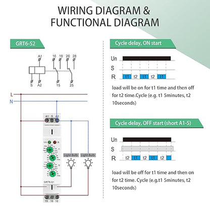 Asymmetric Cycle Timer Relay 2SPDT 10A Long or Short Period Repeat Cycle Tntermittent Timer Electronic Relay in Din Rail Wide Voltage Range AC DC 24V to 240V