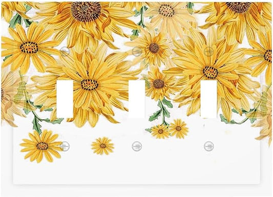 Sunflower Yellow Flowers Floral Decorative Switch Plates 3 Gang Wall Plate Triple Toggle Light Switch Cover Faceplate Electrical Wall Panels for Bed Room Living Room Decor