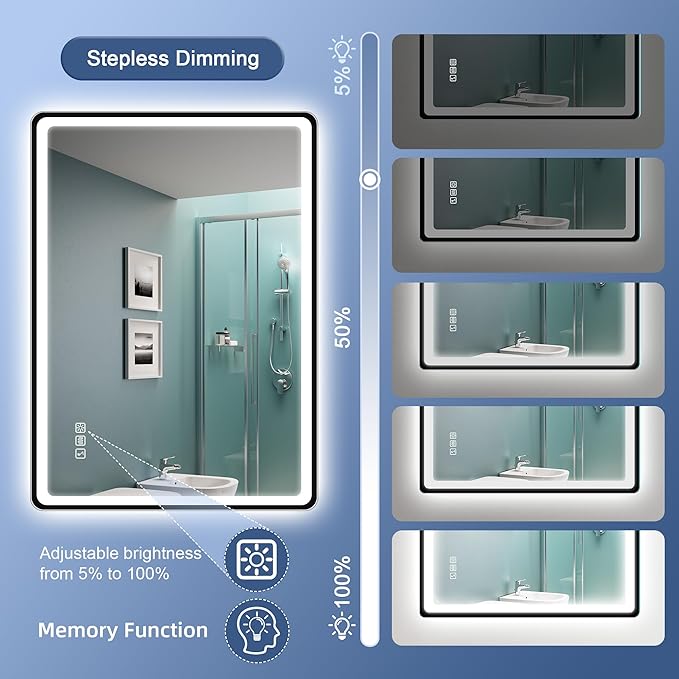 STARLEAD 28"x36" LED-Bathroom-Mirror-with-Lights, Wall-Mounted with Bluetooth, Anti-Fog, 3 Color Temperature Dimmable Brightness, Waterproof, Tempered Glass, Frontlit & Backlit, Black Frameless