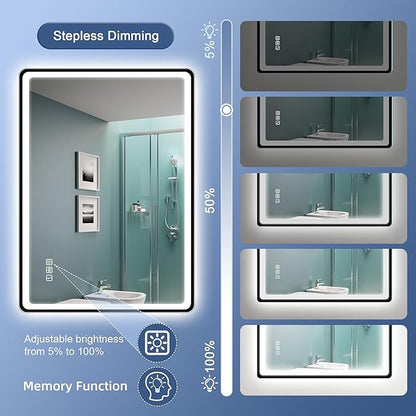 STARLEAD 28"x36" LED-Bathroom-Mirror-with-Lights, Wall-Mounted with Bluetooth, Anti-Fog, 3 Color Temperature Dimmable Brightness, Waterproof, Tempered Glass, Frontlit & Backlit, Black Frameless