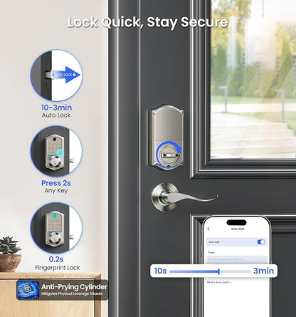 Veise VE017-L Fingerprint Smart Lock with 2 Lever Handles, Keyless Entry Front Door Lock Set, App Control, Electronic Digital Keypad Deadbolt, Easy Installation, Emergency Power Port, Satin Nickel