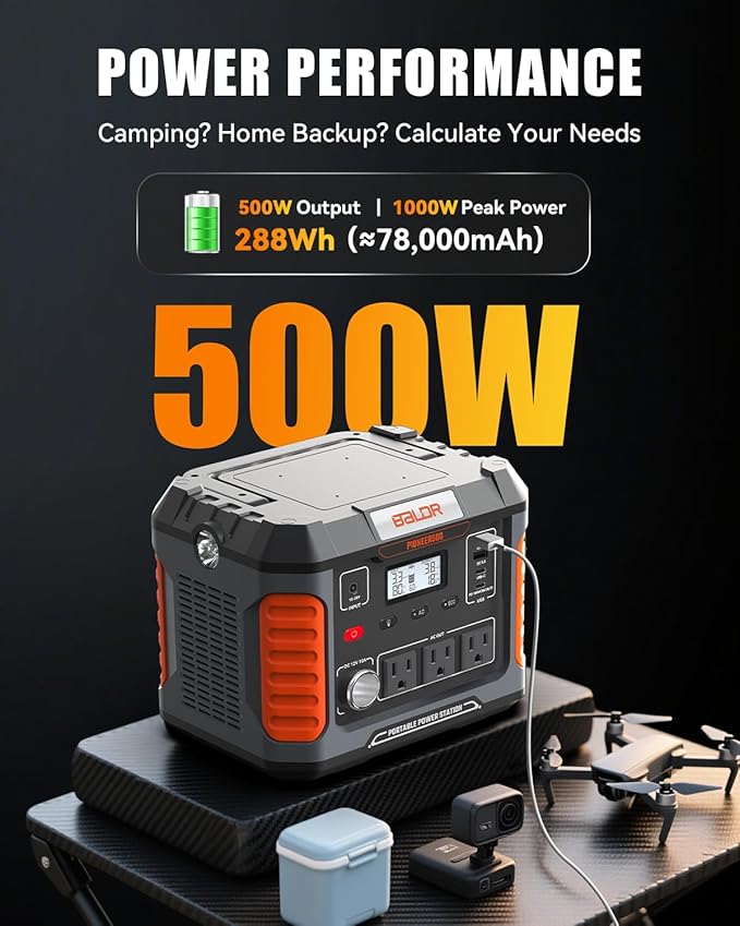 BALDR Portable Power Station, 500W Output, 288Wh Capacity, AC Outlet, USB Ports, Solar Charging Generator for Home Camping Emergency Use.…