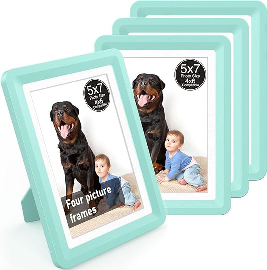Green 5x7 Picture Frame with Acrylic Front 4 Pack, ABS Frame for 5x7 or 4x9 Photos, Shatterproof UV-Resistant Tabletop Photo Frame, Vertical/Horizontal Display for Home Décor