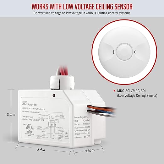 ENERLITES Ceiling Sensor Low Voltage Power Pack for Low Voltage Sensor and Package, Self Contained Power Supply Relay System 120~277V AC to 24V DC, MPP-24, New Model, White
