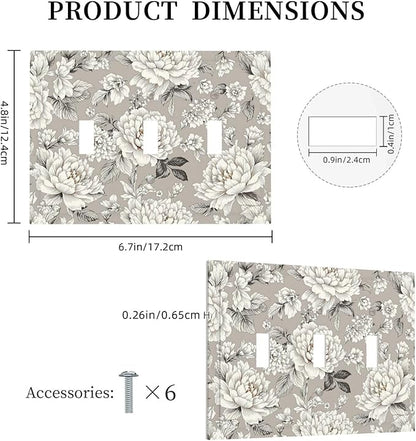 White Poppies Floral Modern Grey Peonies Flowers Decorative Switch Plates 3 Gang Wall Plate Triple Toggle Light Switch Cover Electrical Wall Panels Faceplate for Bedroom Bathroom Decor