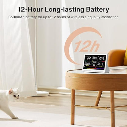 Upgrade Extended 12-Hour Battery Life 16 in 1 Air Quality Monitor Indoor with 7" Display, Professional Air Quality Meter for CO2, TVOC, PM2.5, PM1.0, PM10, HCHO, Temperature, Humidity, AQI & Time