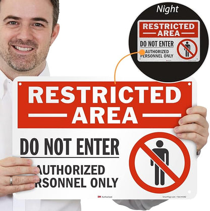 SmartSign 12" x 18" 'Restricted Area Do Not Enter, Authorized Personnel Only' Metal Sign with Symbol, 63 mil Aluminum, 3M Laminated Engineer Grade Reflective, Red, White and Black, USA-Made