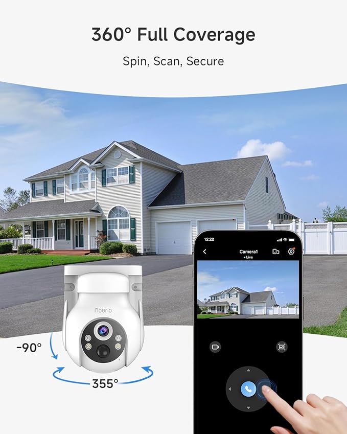Noorio Solar Security Cameras Wireless Outdoor, 2K Pan/Tilt 360° View Solar/Battery Powered 2.4G WiFi Cameras for Home Security w/Color Night Vision, 2-Way Audio, SD/Cloud Storage