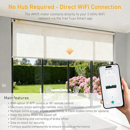 AM35 Smart WiFi Blinds Motor, Tuya App Control, AC 100-240V for 2 inch (50mm) Tubes, 6N.m Torque, Compatible with Alexa & Google Home, No Hub Required for Motorized Roller, Roman, ZebraShades