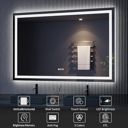 Amorho LED Bathroom Mirror, 48"x 32" with Front and Backlight, Stepless Dimmable Wall Mirrors with Anti-Fog, Shatter-Proof, Memory, 3 Colors, Double LED Vanity Mirror
