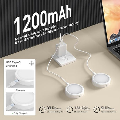 Rechargeable Puck Lights with Remote Control,LED Under Cabinet Light with Full-Screen,3 Color Temperatures Stick On Wireless, Tap for Kitchen,Cabinet,Counter,Closet,Shelf,2 Pack, White