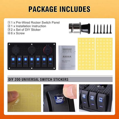 Marine Boat Rocker Switch Panel,Waterproof 7 Gang Toggle Switch Panel with Dual USB and Voltmeter Panel for RVs, Cars, Boats, Trucks,Trailers - 12-24V