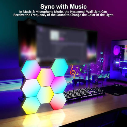 Music Sync Hexagon Lights, Vcwtty Smart LED Wall Lights 10 Pack, 13 Colors Modular Assembled RGB Wall Panels, Hex Light with USB-Power for Autism, Game Room Decor, Party