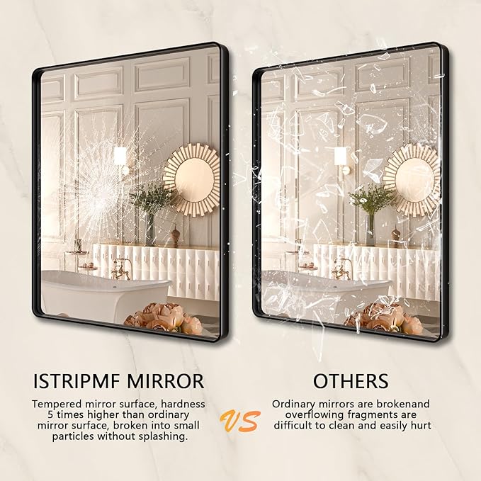 Black Metal Framed Bathroom Mirror for Wall,32X36 Rounded Rectangle Mirror, Matte Black Bathroom Vanity Mirror Farmhouse, Anti-Rust, Tempered Glass, Hangs Horizontally or Vertically