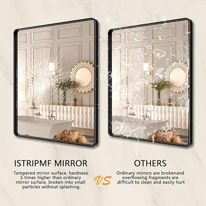 Black Metal Framed Bathroom Mirror for Wall,32X36 Rounded Rectangle Mirror, Matte Black Bathroom Vanity Mirror Farmhouse, Anti-Rust, Tempered Glass, Hangs Horizontally or Vertically