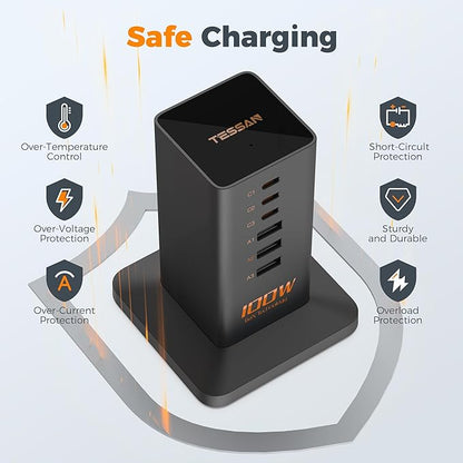 USB C Charger Blcok PD 100W, TESSAN 6-in-1 Charging Station for Multiple Devices, Desktop Tower Charger with 6 USB Ports for iPhone 17/16/15, MacBook, Tablet, Office Home Dorm Room Accessories