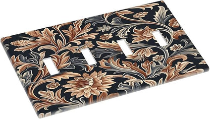 Light Switch Covers Vintage Grey Plant Leaves Brown Flowers Quad Toggle Electrical Faceplate 4 Gang Wall Plate Decorative Switch Plates for Bedroom Home Decor