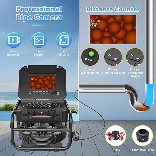 Sanyipace Sewer Camera 131FT/40M with 512Hz Transmitter, Self-Leveling, Distance Counter, Plumbing Inspection Camera with Microphone Speaker Audio Video Record, 16GB TF Card, Pipe Pulley (7mm Cable)