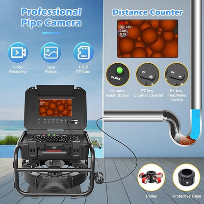 Sanyipace Sewer Camera 131FT/40M with 512Hz Transmitter, Self-Leveling, Distance Counter, Plumbing Inspection Camera with Microphone Speaker Audio Video Record, 16GB TF Card, Pipe Pulley (7mm Cable)