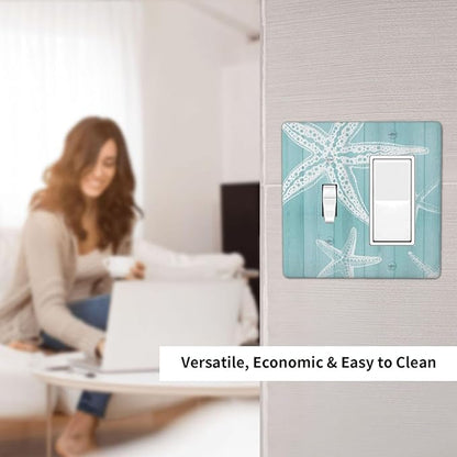 Decorative Outlet Covers Starfish Teal Wood Board Nautical 2 Gang Light Switch Cover Plate Single Toggle 1 Rocker Wall Plates for Electrical Outlets Switch Plate Covers for Bedroom Home Decor