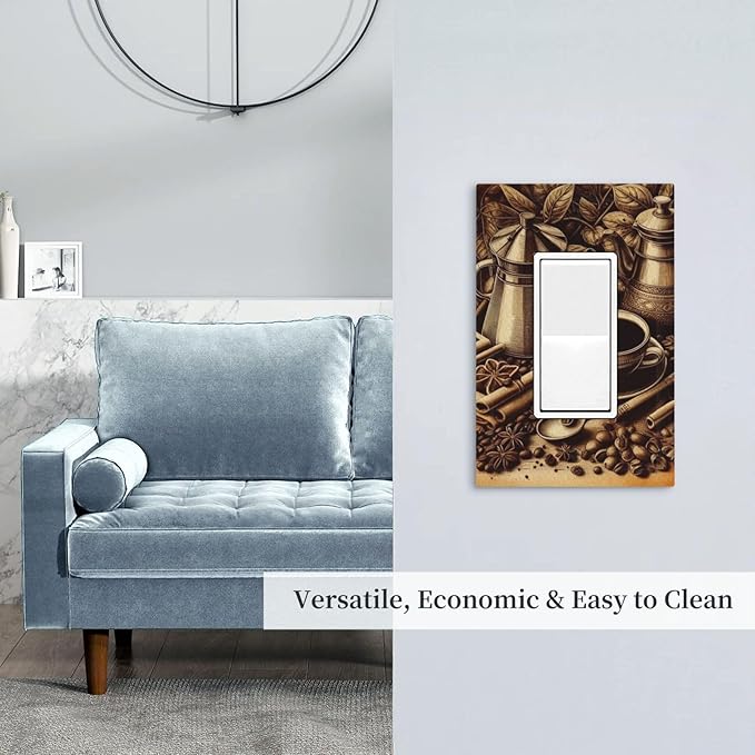 Decorative Outlet Covers Vintage Coffee Beans Leaf Cup 1 Gang Single Decora GFCI Device Light Switch Covers Plate 1 Rocker Wall Plate Jumbo Faceplate for Kitchen Decor