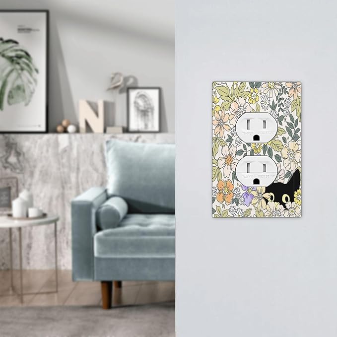 Decorative Outlet Covers Cute Black Cat in a Flower Patch Botanical Garden 1 Gang Duplex Light Switch Cover Plate Wall Plates Switch Plate Cover for Bedroom Home Decor（2 Pack）