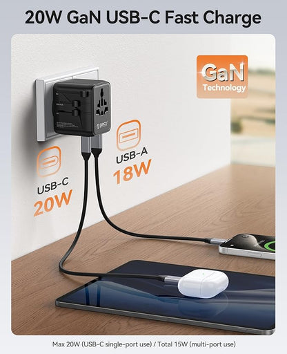 ORICO Universal Travel Adapter with 2 AC 2 USB-C and 1 USB-A Socket, PD 20W International Power Adapter, Worldwide Travel Essentials Wall Charger for USA EU UK AUS JP and Over 200 Countries