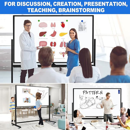 Large Dry Erase White Board with Rolling Stand 72"x48" Double-Sided Mobile Magnetic Whiteboard on Wheels, Including 3 Magnetic Erasers, 7 Markers, 30 Magnets