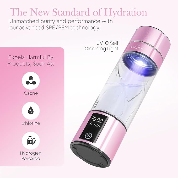 D’VLORO Hydrogen Bottle – Portable 10 OZ H₂ Infuser Hydrogen-Water-Bottle with UV Light – Electric Water Bottle 7.83Hz Tech, Wireless Charging Pad, 5-10 Min Cycles, Up to 4000+ PPB Concentration