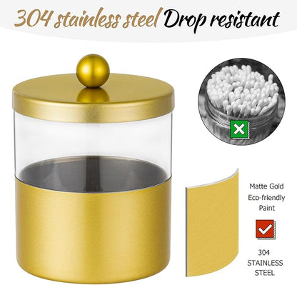 Gaussra Gold Qtip Holder, Apothecary Jars - Stainless Steel Bathroom Jar with Stickers - Farmhouse Decor Qtip Dispenser for Qtips, Cotton Balls, Swabs, Makeup Sponges (2-Pack)