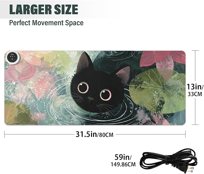Heated Desk Pad Mouse Pad 31.5x13 Inch PU Leather Desk Mat with 3 Heat Levels Large Mouse Gaming Computer Laptop Mat Cat Lotus Flowers Blue