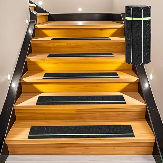 5-Pack Anti Slip Traction Tape 24" x 6" Best Grip Tape Grit with 6mm/0.24" Glow in Dark Stripe High Traction Friction Abrasive Adhesive for Indoor/Outdoor Stairs[Black+Green]