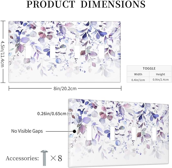 Purple Eucalyptus Watercolor Floral Rustic Leaf Light Switch Covers Quad Toggle Electrical Faceplate 4 Gang Wall Plate Decorative Switch Plates for Farmhouse Home Decor